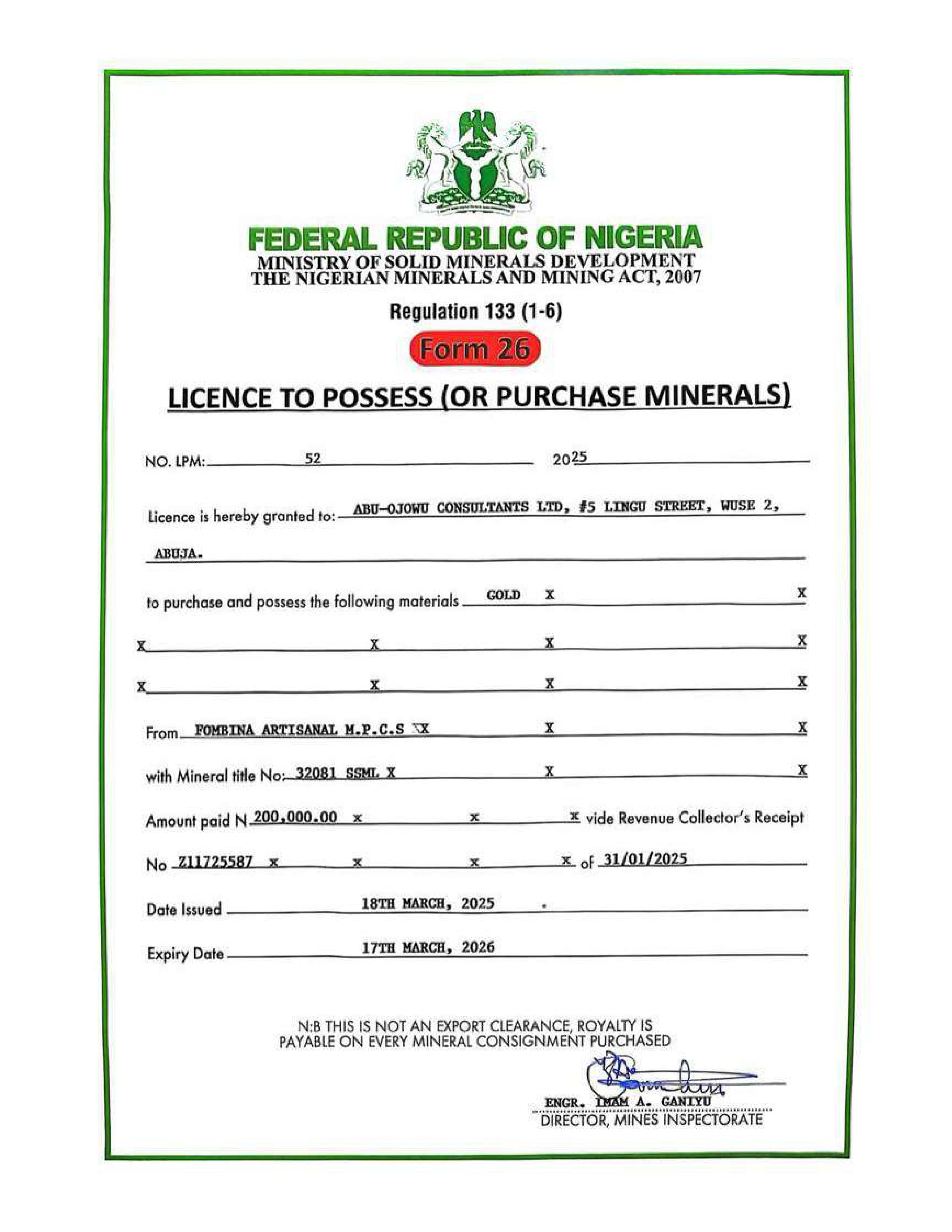 Licence to Possess Minerals